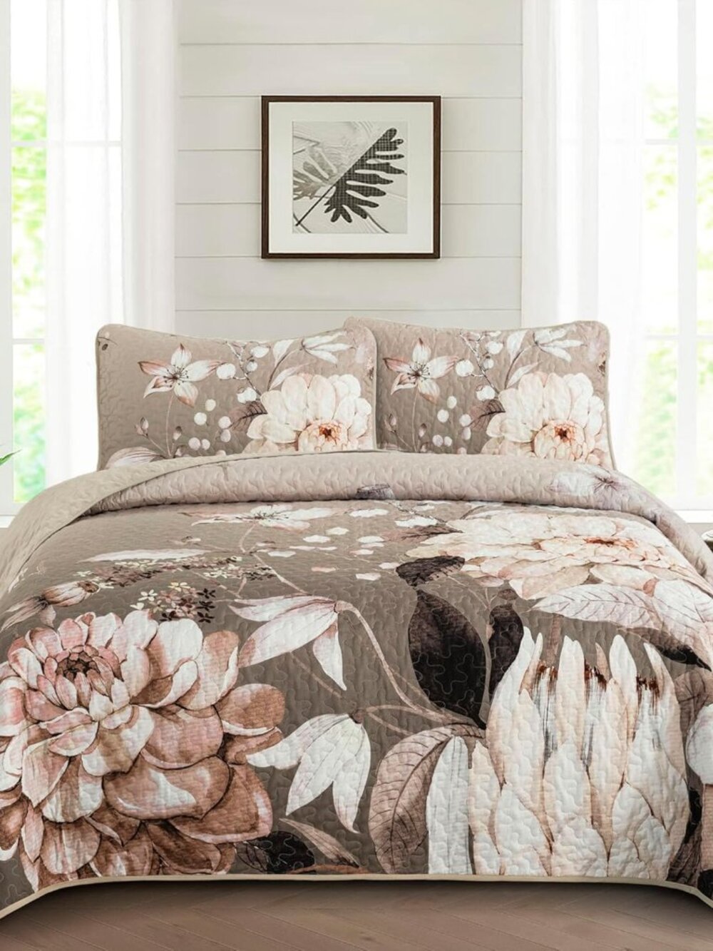 Floral Quilt Queen Size - 3 Pieces Brown Quilt Botanical Bedspread Soft Lightwei